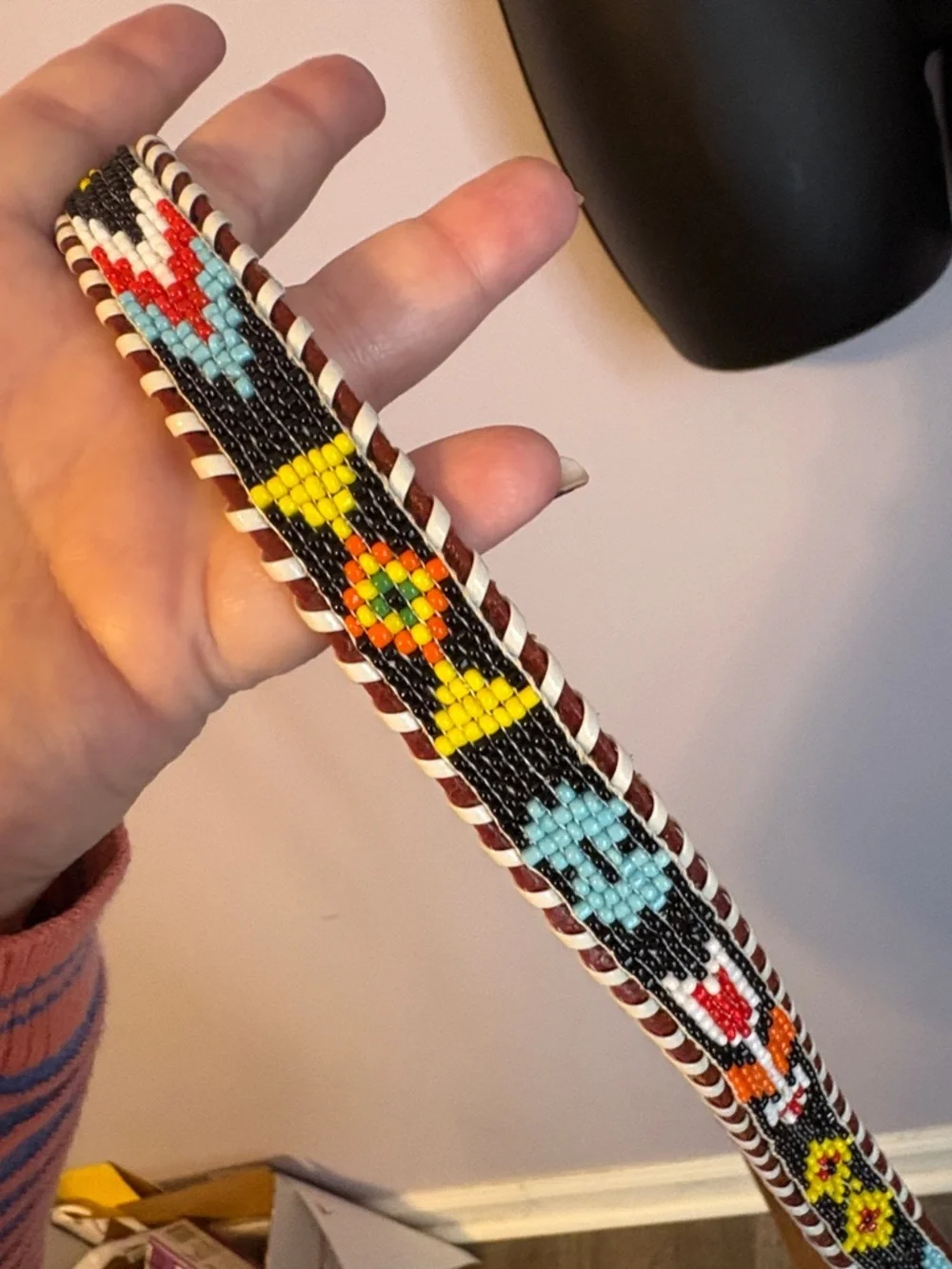 Leather Genuine Cowhide Brown Western Southwestern Beaded Native American Belt